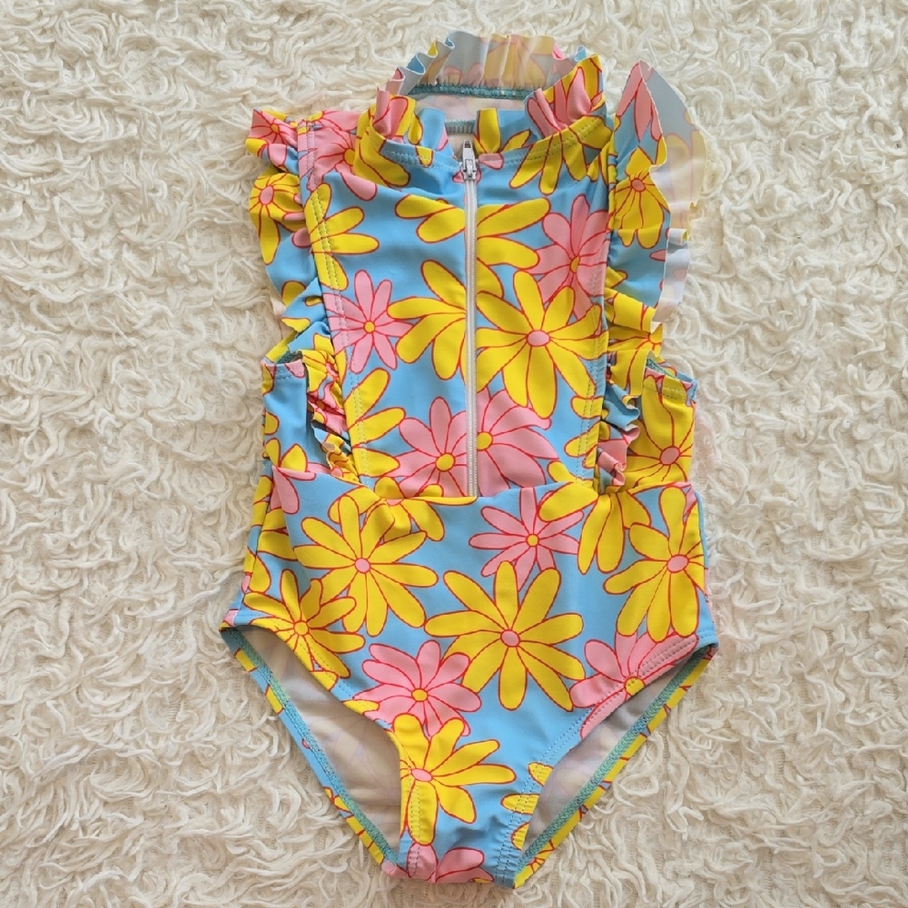 SHEIN Blue Yellow Pink Floral Ruffle Girls One-Piece Swimsuit